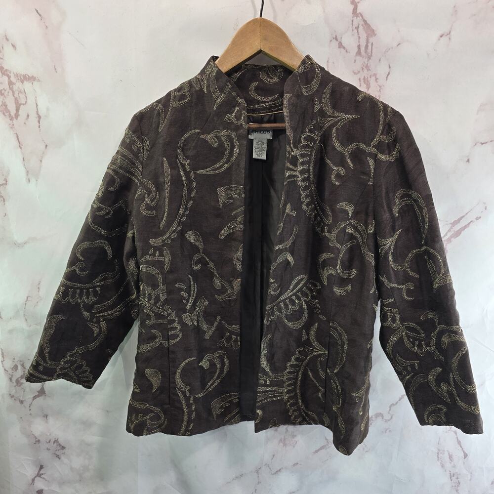 Chicos Jacket Womens Small 0 Brown Lightweight Mesh Blazer Blouse Artsy